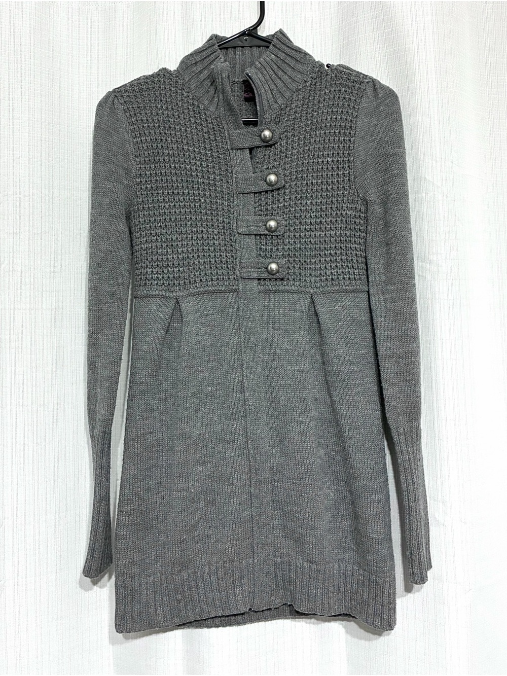 Takeout Gray Long-Sleeve Knit Button-Front Sweater Dress